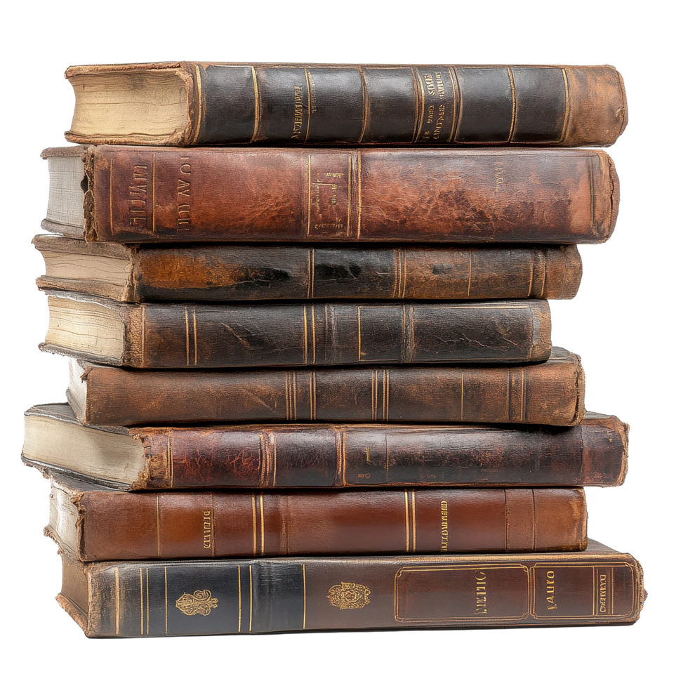 Stacked old leather-covered books resting on a Transparent background showcasing their timeless appeal, stack old books with leather covers, background png