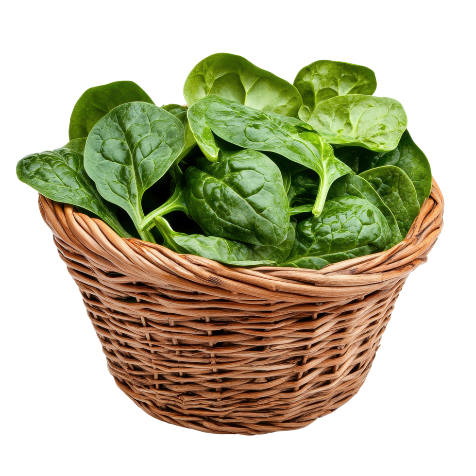 Fresh spinach leaves in a wicker basket isolated on a bright Transparent background, Spinach leaves in basketisolated on background png