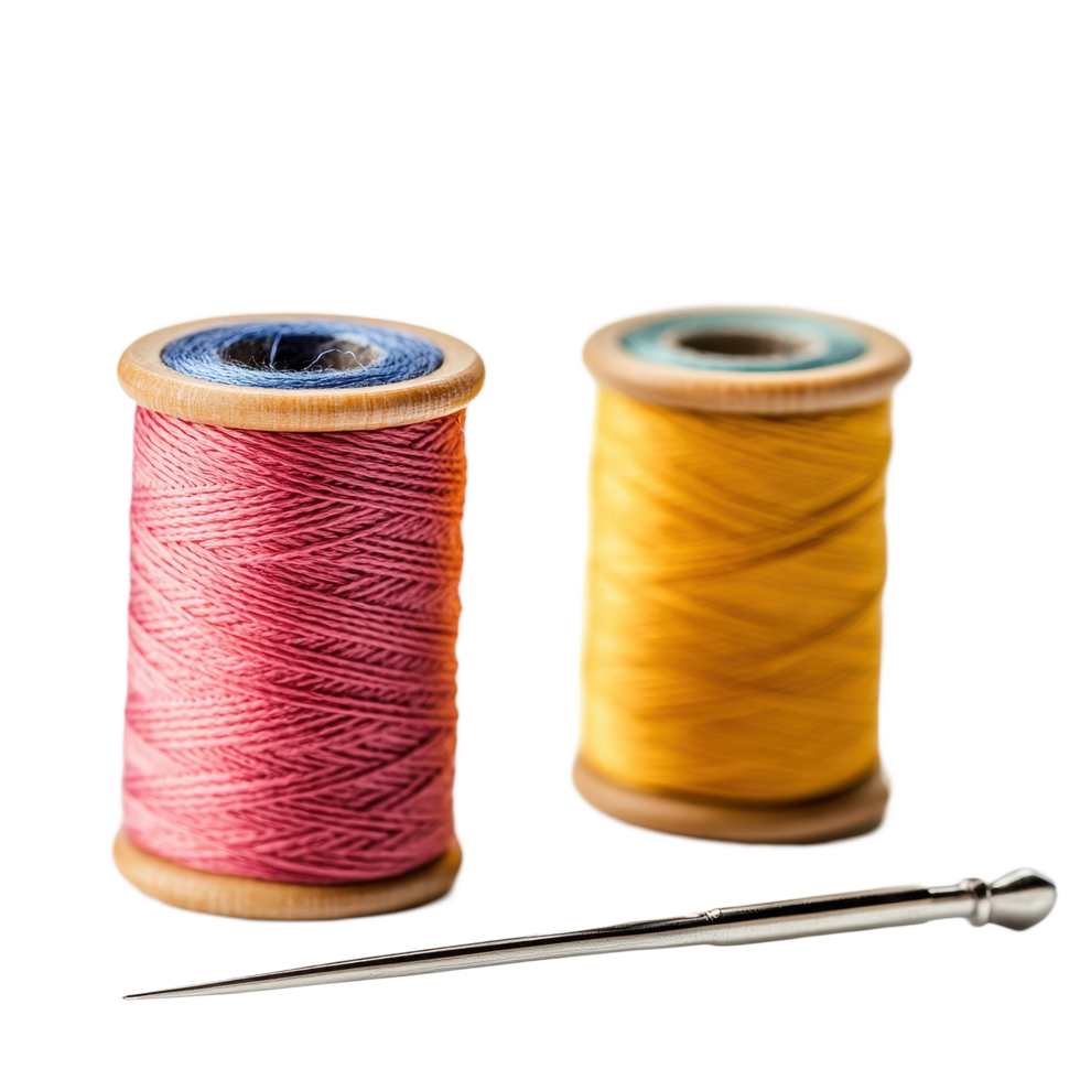 Colorful spools of thread and a sewing needle positioned on a Transparent background, Spools thread and a sewing needle, background png