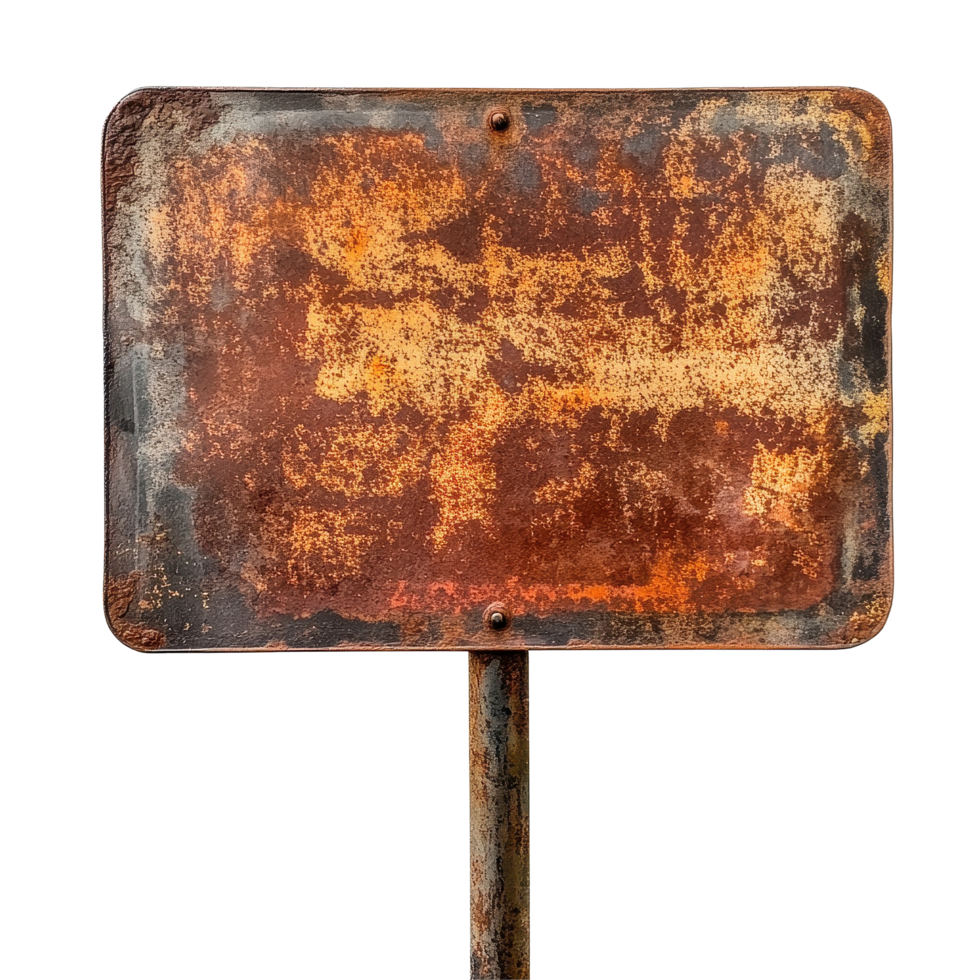 Vintage rusty metal sign with an empty surface displaying weathered texture and a sturdy pole, Rusty vintage empty metal sign isolated on Transparent background, background png