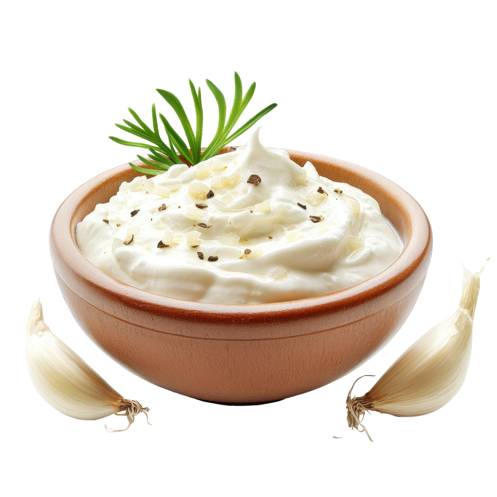 Creamy sour cream and onion dip served in a bowl on a clean Transparent background with garlic cloves, Sour cream and onion in bowl isolated on png