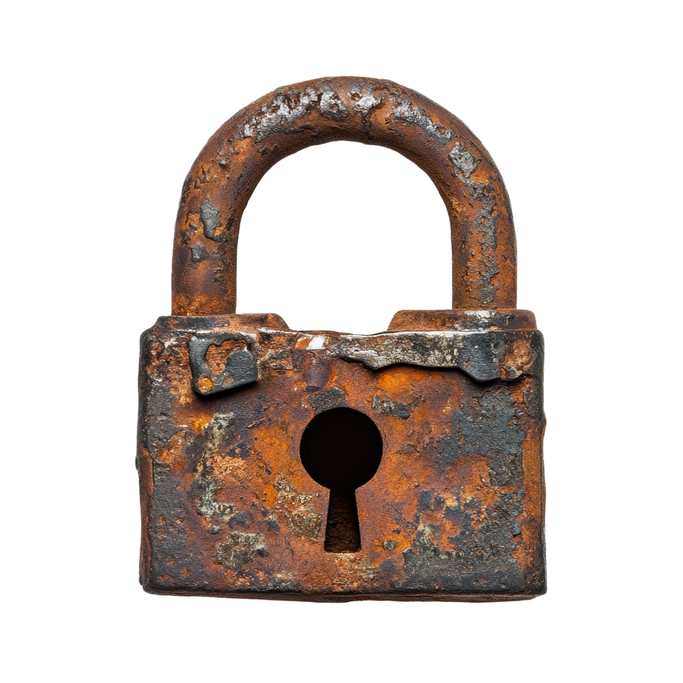 Rusted iron padlock showcasing timeless security on a clean Transparent background, Rusted Iron Padlock Timeless Security, background png