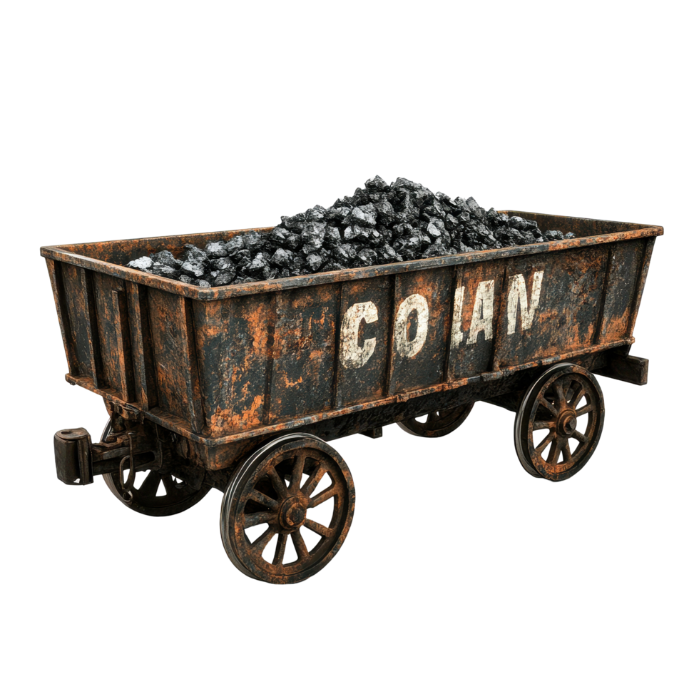 Rusty old train cart filled with coal sits ready for transport in a vintage setting, rusty old train cart with coal written on it, Transparent background png