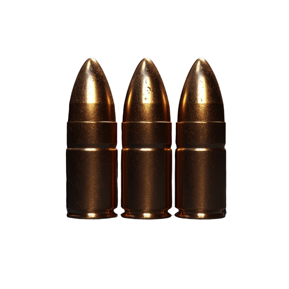 Stack of bronze ammunition bullets arranged on a dark surface with dramatic lighting, Stack bronze ammo 9mm Bullet png