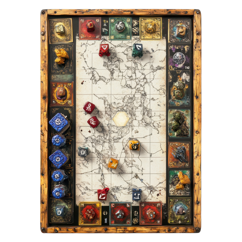 Detailed RPG board game with colorful tokens and dice on a Transparent background for tabletop adventures, RPG board game, background png