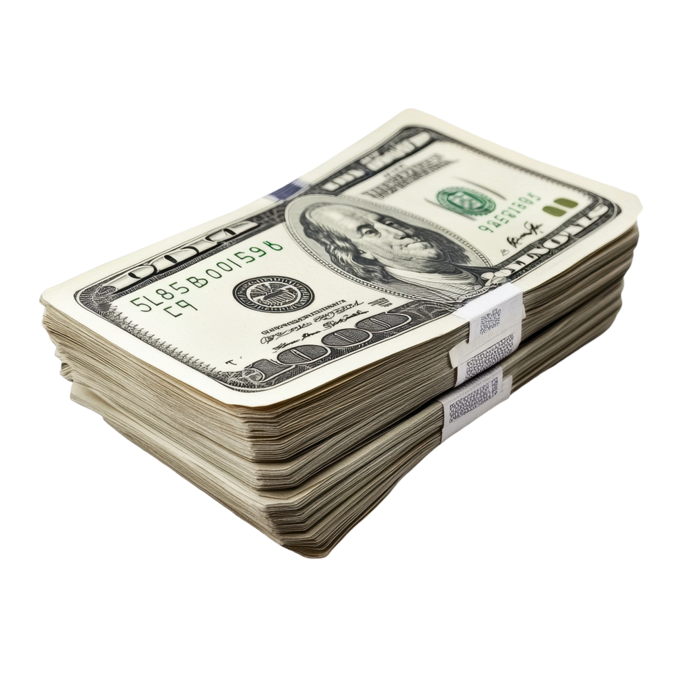 Wads of money stacked neatly on a Transparent background showcasing various denominations for financial representation, Wads Money isolated on background png