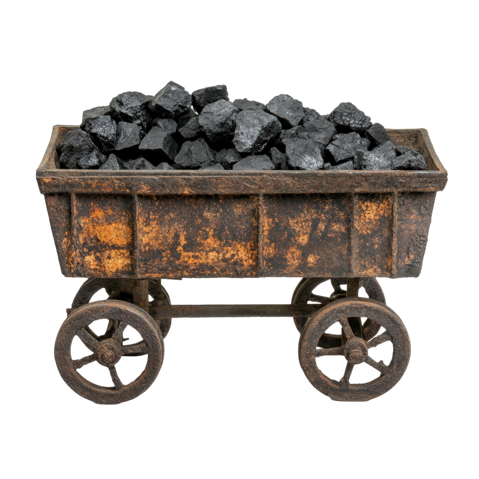 Rusty coal cart filled with black coal on wheels against a Transparent background, rusty coal cart with coal on wheels, background png