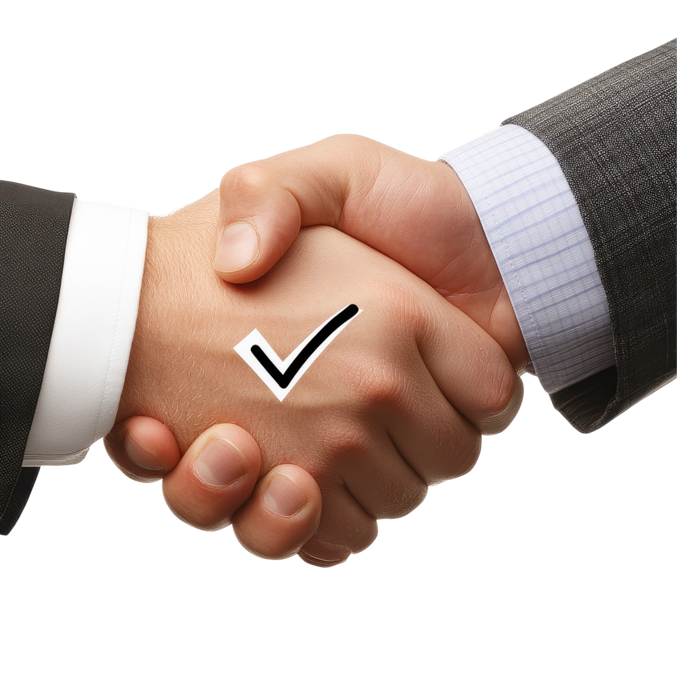 Handshake signifies agreement with a check mark on a plain background, Transparent background a handshake with a check mark transparent png