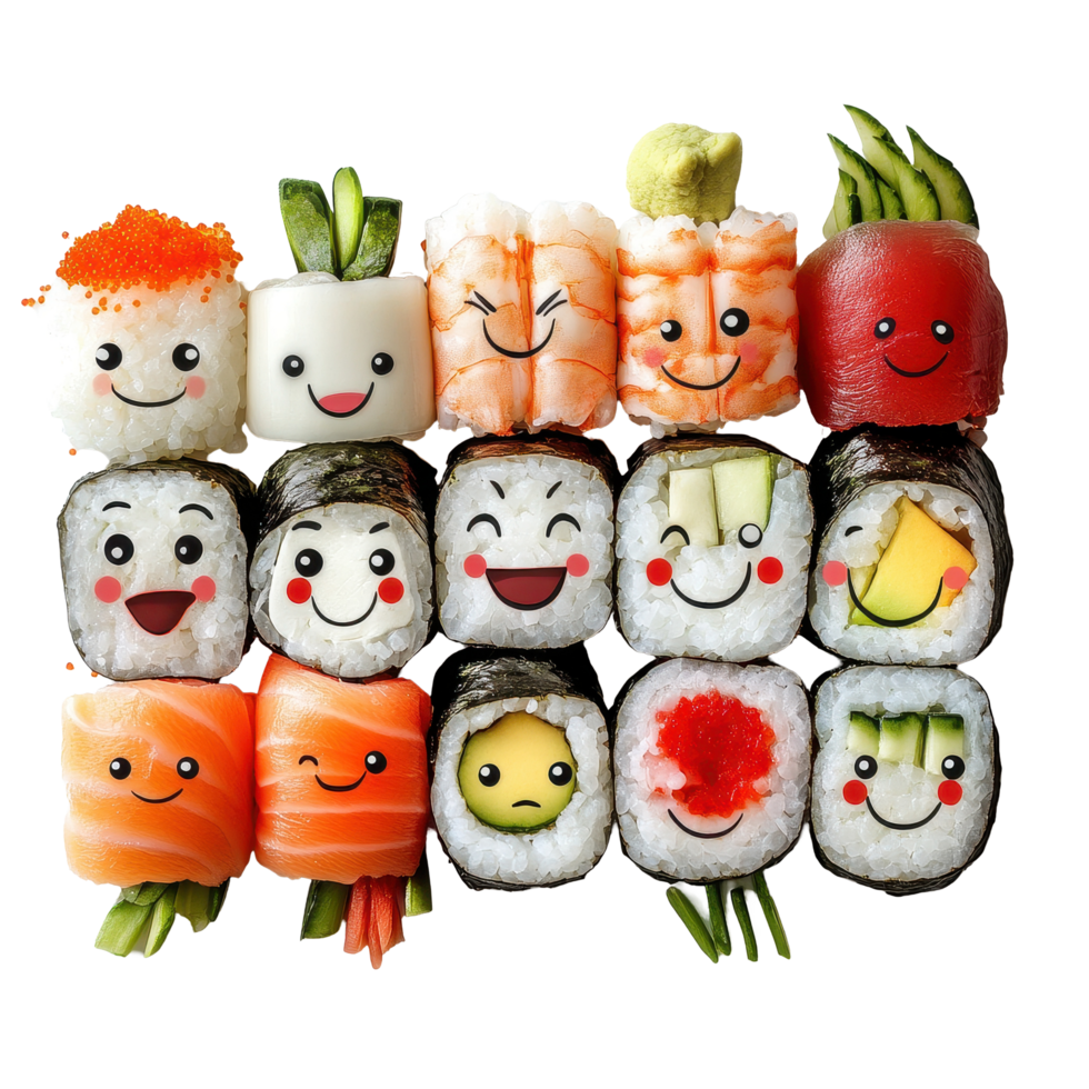Colorful sushi rolls with playful faces and fresh vegetables create a fun dining experience, row sushi with different faces and vegetables, Transparent background, background png