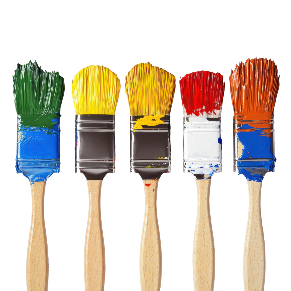 Colorful row of paint brushes covered in vibrant paint ready for artistic projects, row paint brushes with different colors paint, Transparent background png