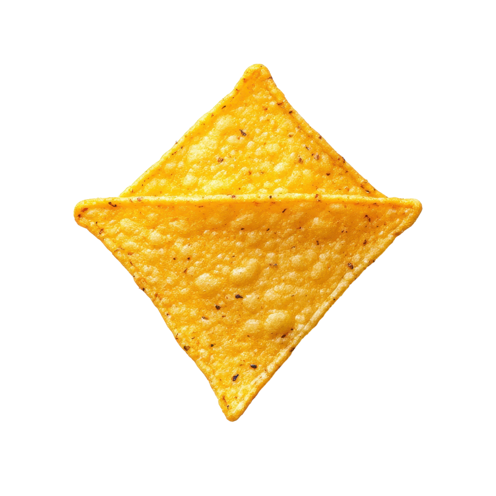Single nacho chip arranged on a clean white surface showcasing its texture and triangular shape, Transparent background of a single nacho chip from above, isolated on a background with a png