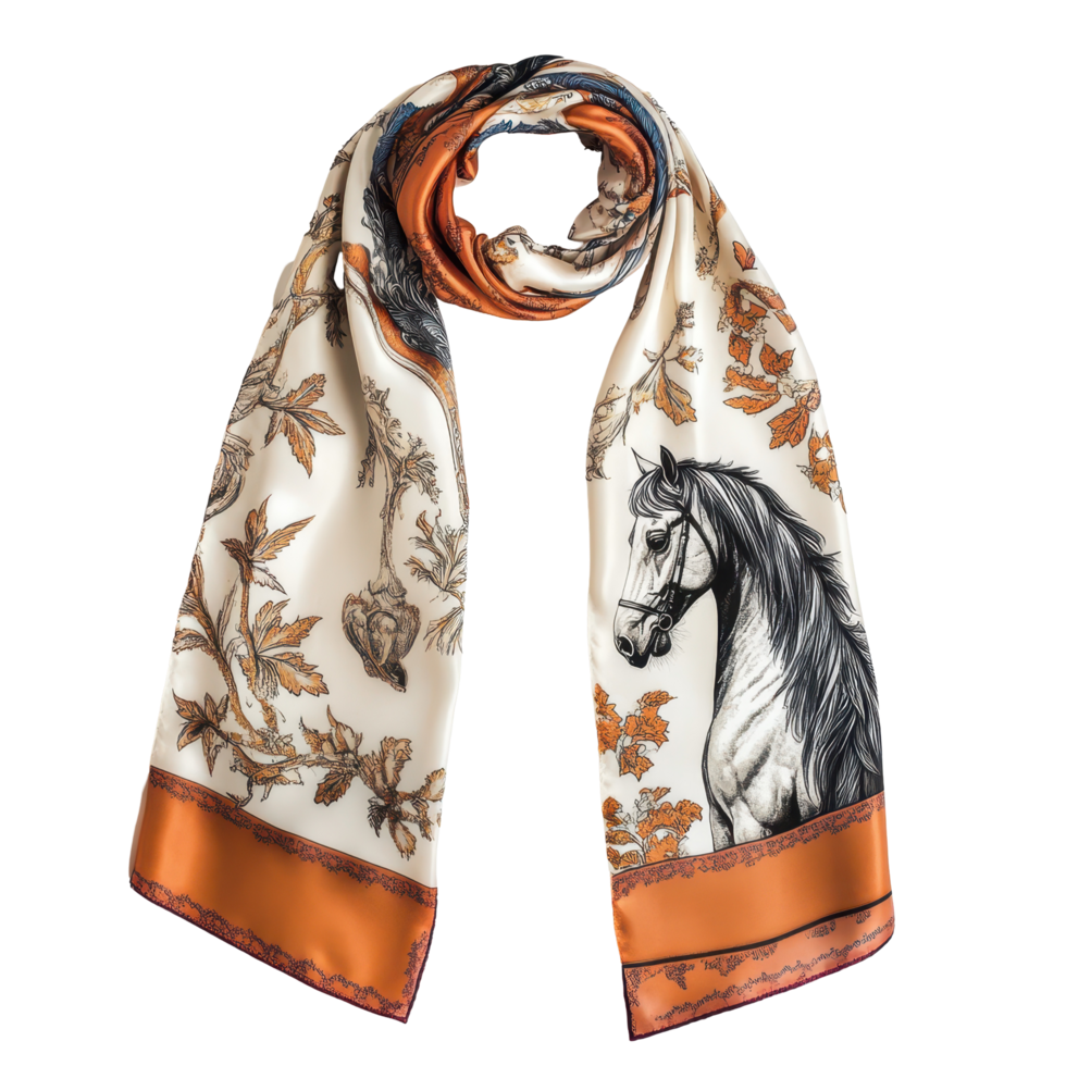 Elegant scarf featuring a detailed horse design on a Transparent background with autumn leaves and orange trim, scarf with a picture a horse on it, background png