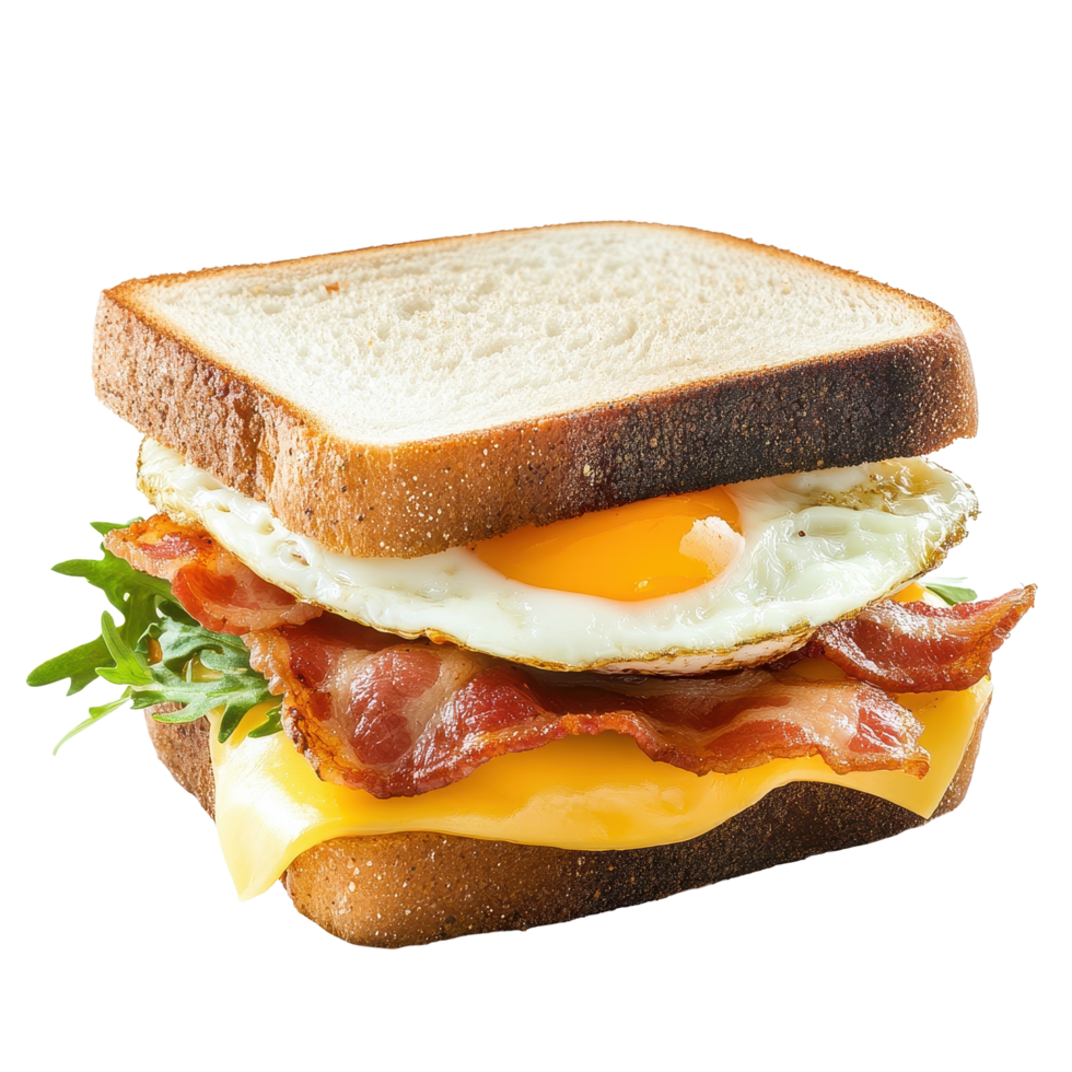 Delicious sandwich with bacon, cheese, and egg on white bread for breakfast enjoyment, Sandwich with bacon, cheese and egg isolated on Transparent background, background png