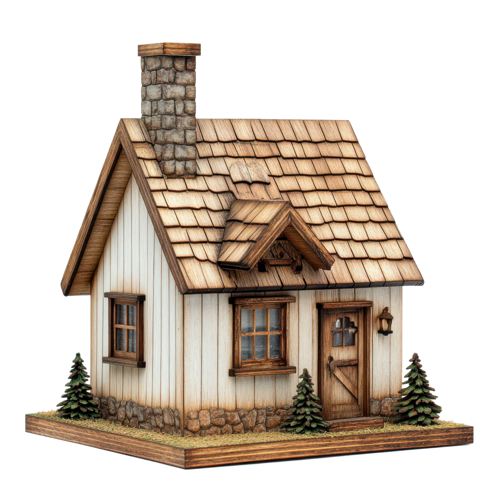 Cozy small wooden house with a chimney and window, perfect for rustic settings, small wooden house with a chimney and a window, Transparent background png