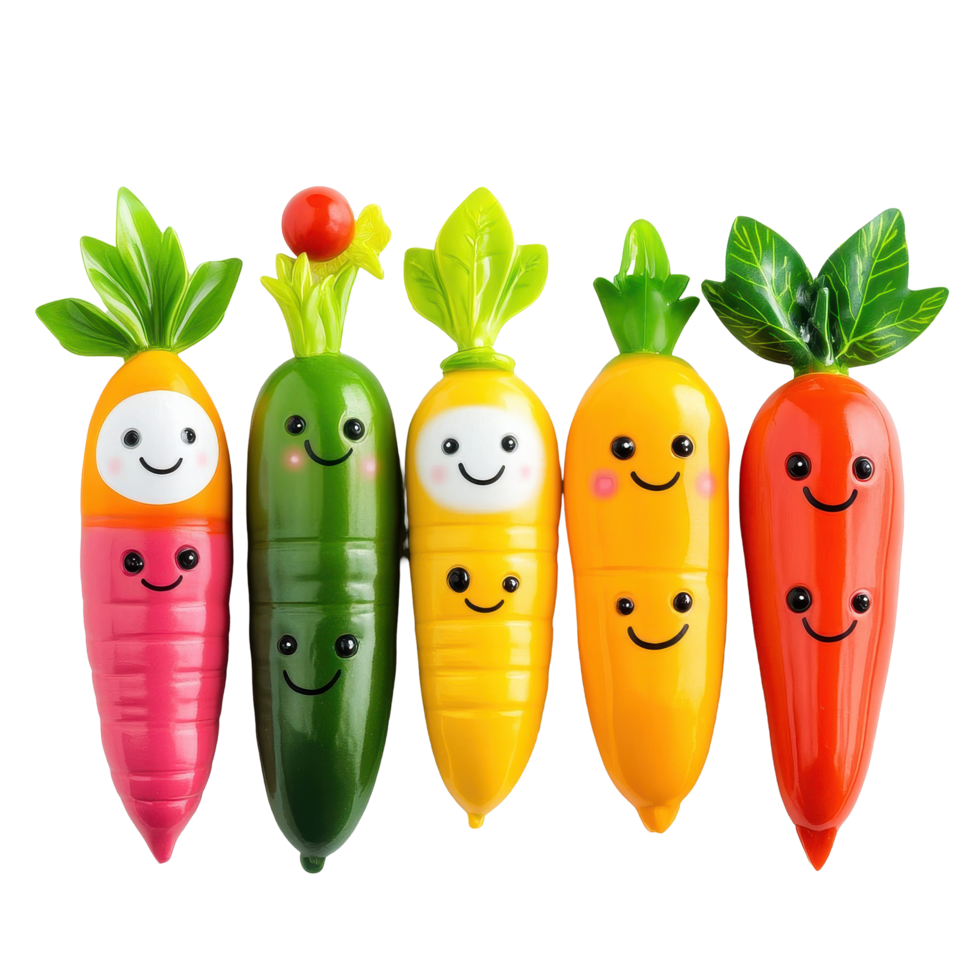 Colorful plastic vegetables with playful faces and leaves for creative play and learning, row colorful plastic vegetables with faces and leaves, Transparent background, background png