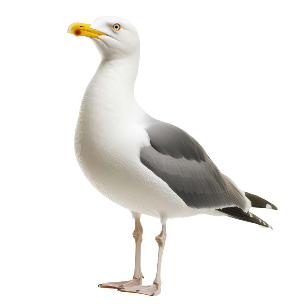 Seagull standing gracefully on a bright white surface with distinct yellow beak, seagull standing on a white surface with a yellow beak, Transparent background png