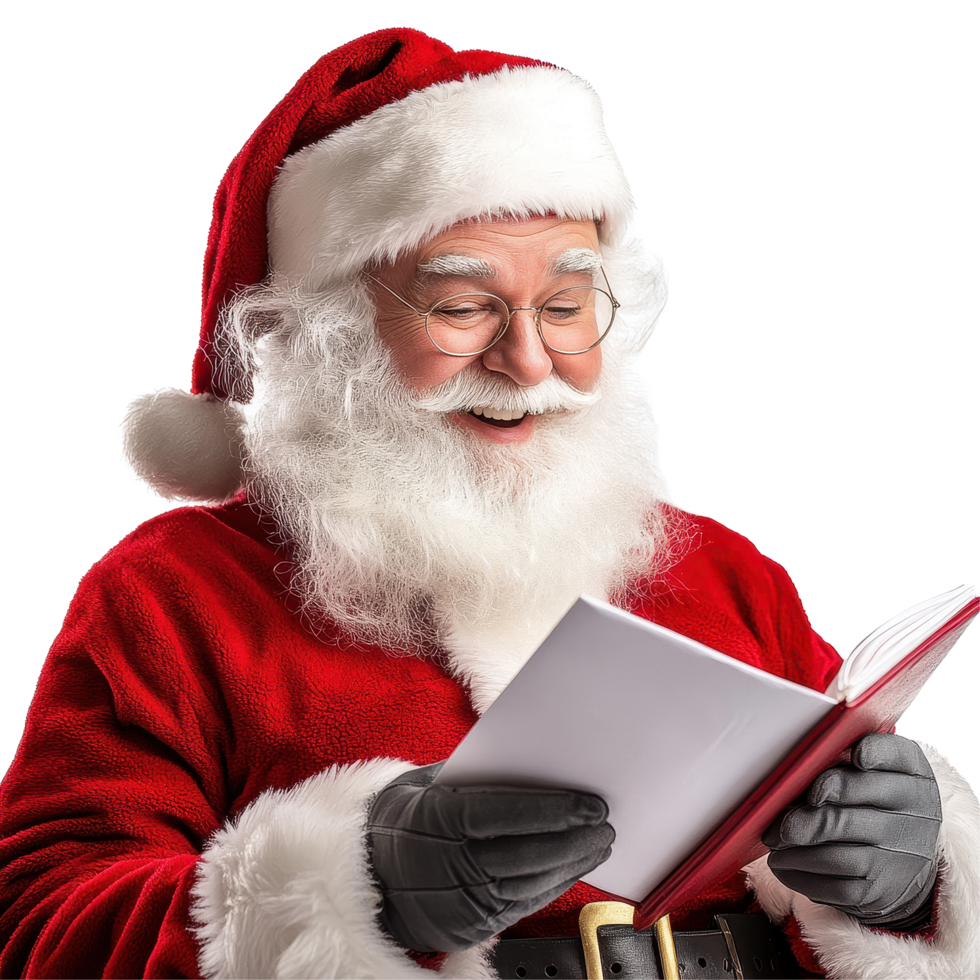 Santa Claus smiles while reading his gift list during the holiday season on a bright Transparent background, Santa claus smiling when reading gift list on png