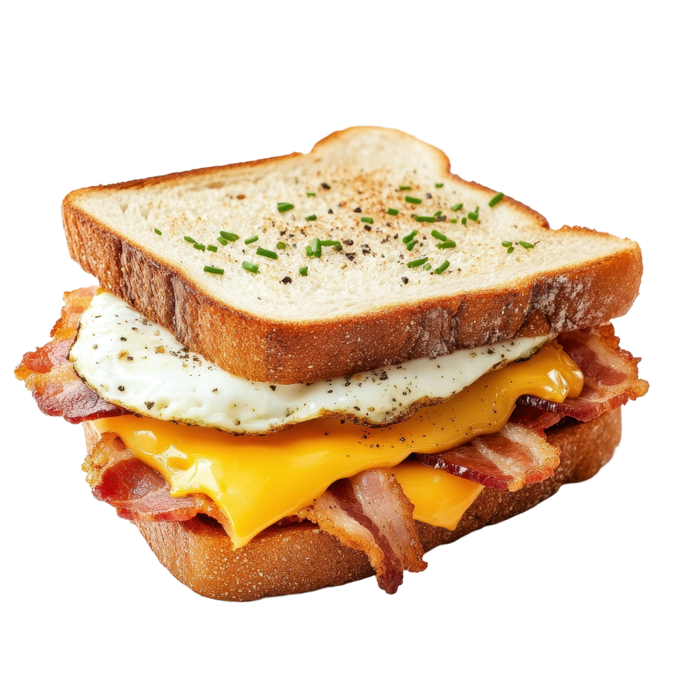 Delicious sandwich featuring crispy bacon, melted cheese, and a sunny-side up egg nestled between two slices of bread, Sandwich with bacon, cheese and egg on a Transparent background, png