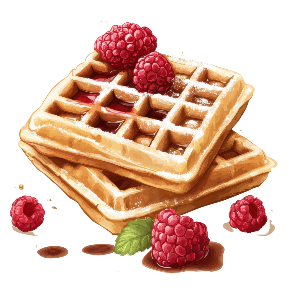 Delicious waffles topped with fresh raspberries and syrup on a Transparent background, Waffles isolated on trransparent png