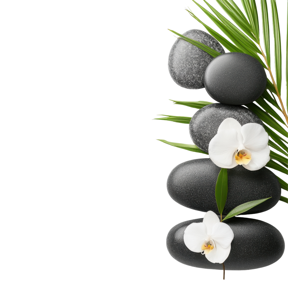 Relaxing spa and wellness arrangement featuring smooth stones and delicate white orchids on a serene background, Spa and Wellness ting, Transparent background png