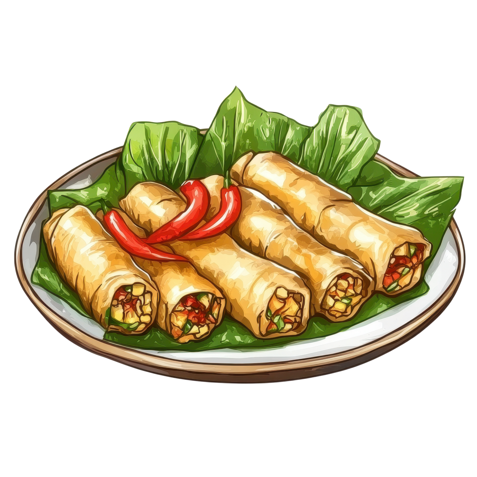 Crispy spring rolls served on a bed of fresh greens alongside red chili peppers, Spring rolls food in a plateisolated on Transparent background png