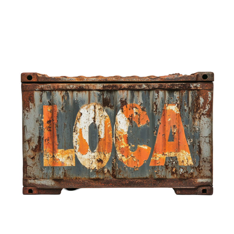 Rusty container with painted letters located outdoors shows signs of age and wear in an urban environment, rusty container with the word loca painted on it, Transparent background png