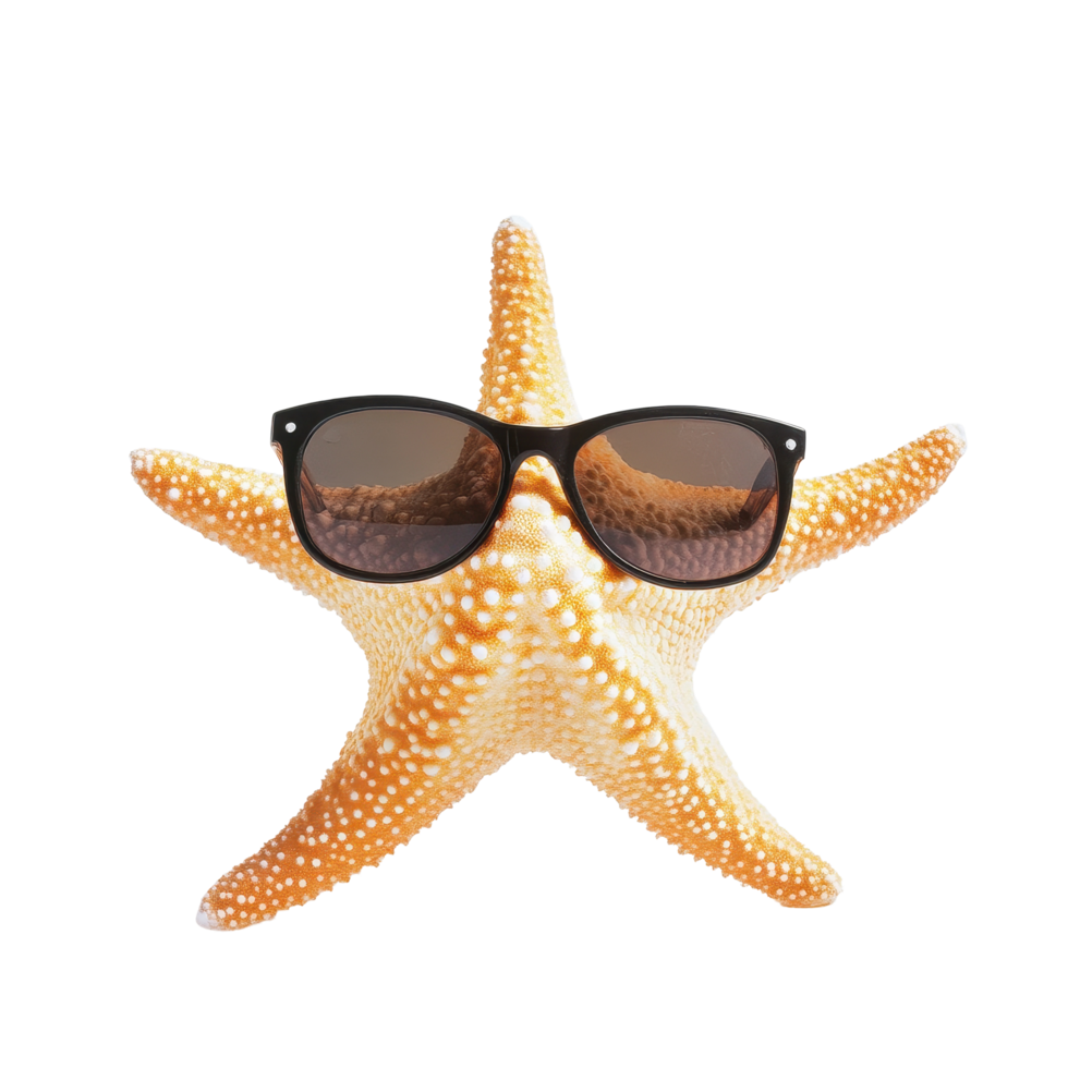 Starfish wearing sunglasses poses playfully against a bright Transparent background, Starfish wearing Sunglasses on png