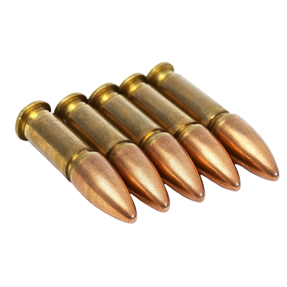 Stack of five weapon bullet cartridges arranged neatly on a Transparent background, stack weapon bullet cartridges on isolatedisolated on background png