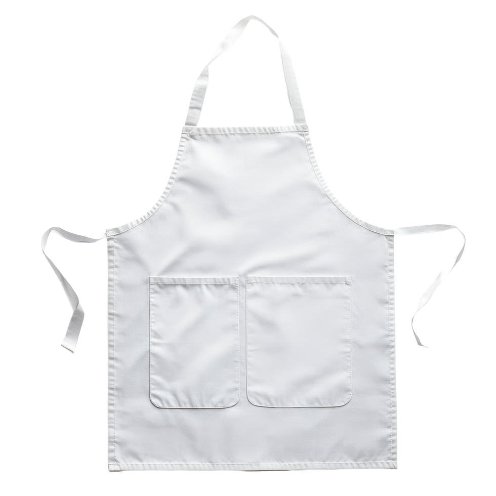 A white blank kitchen apron is displayed against a Transparent background, ideal for culinary activities, White blank kitchen apron isolated on png