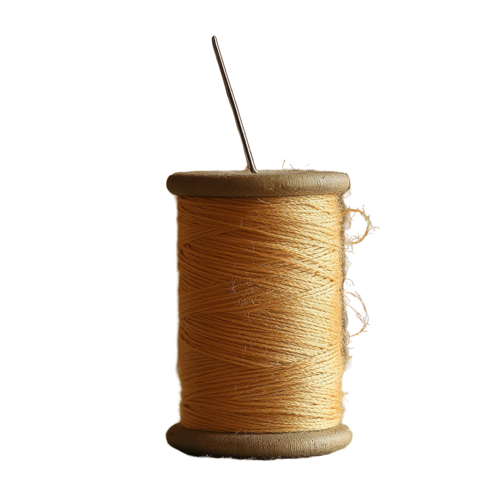 Spool of golden thread with needle on a textured fabric background, Spool Thread and Needle png
