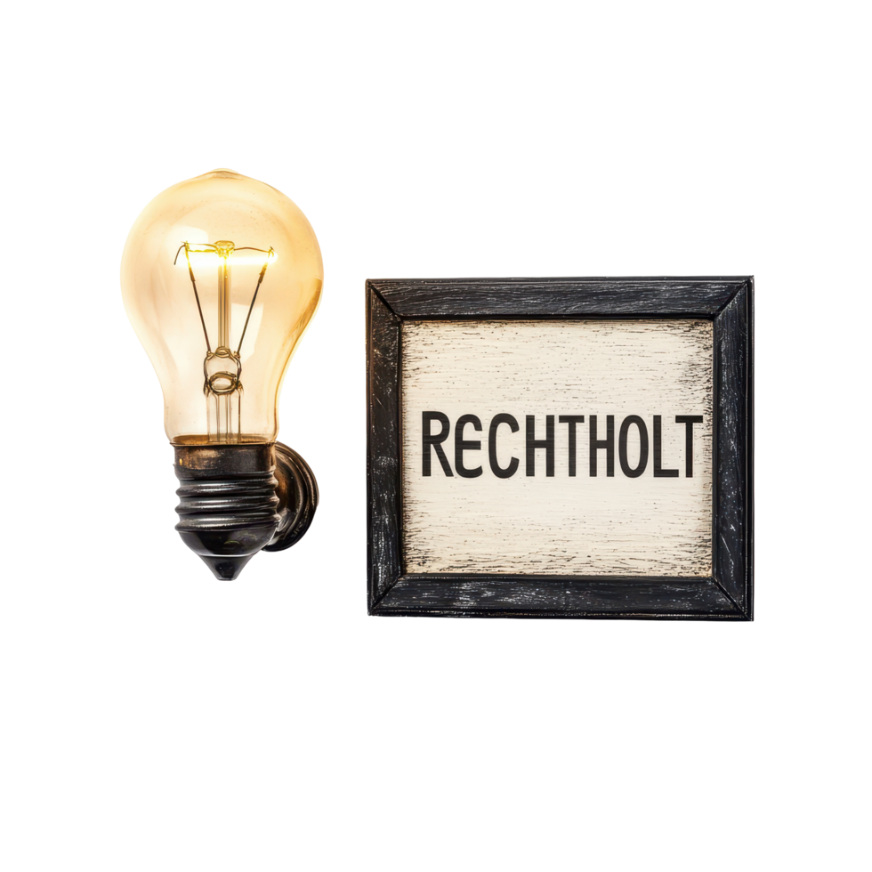 Bright light bulb attached to a wall sign indicating recepti area in a modern setting, sign with a light bulb and a sign that says reception, Transparent background png