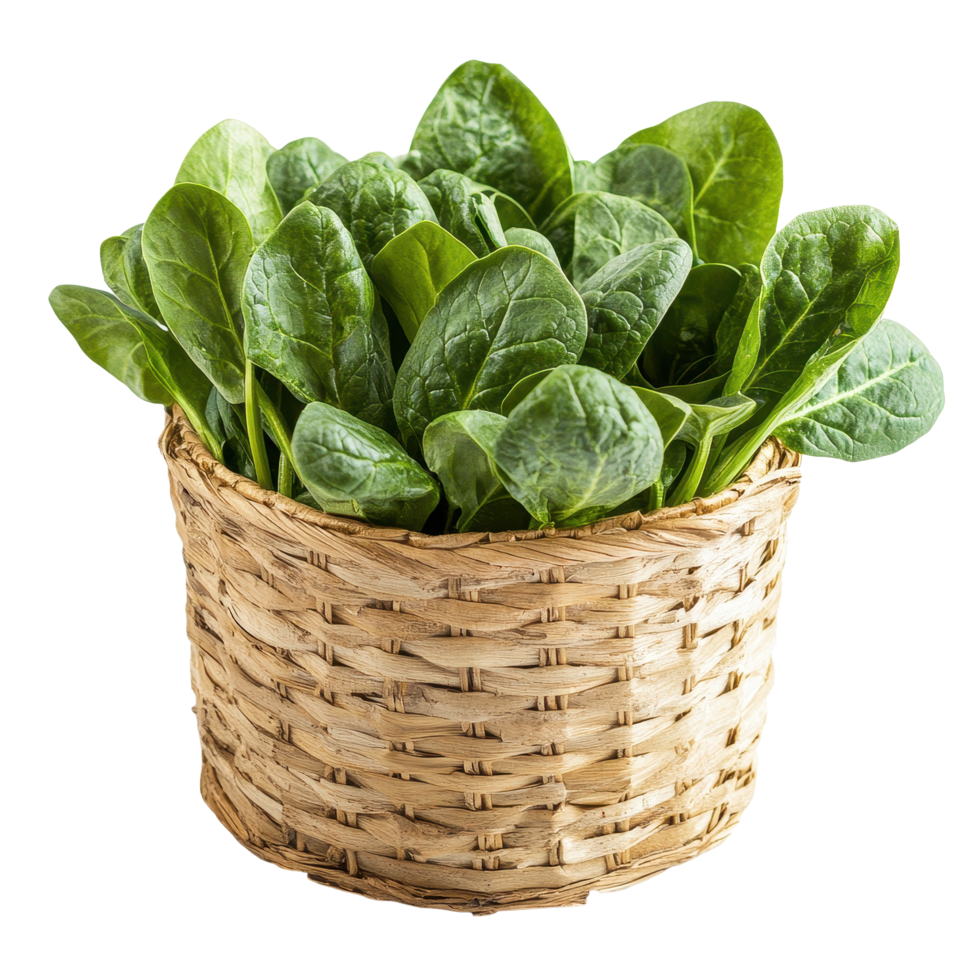 Fresh spinach leaves in a woven basket isolated on a Transparent background for a healthy lifestyle, spinach in the basketisolated on background png