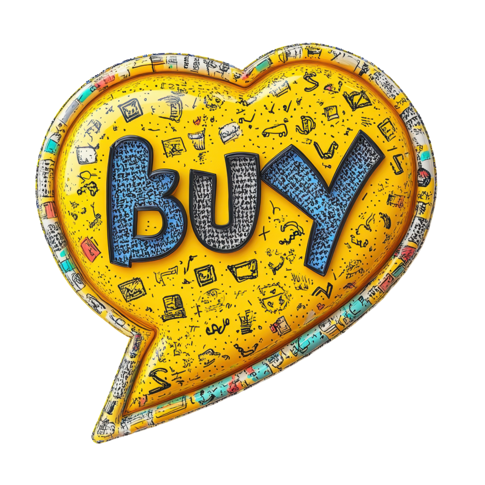Yellow speech bubble with buy text in bold font and colorful graphic elements displayed on a Transparent background, yellow speech bubble with the word buy written in it, background png