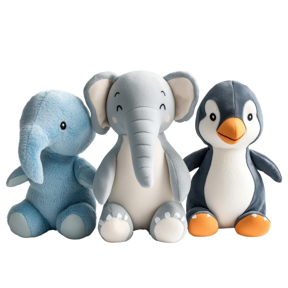 Soft toys dinosaur, penguin, and elephant on a clean Transparent background for children's playtime, soft toys, dinosaur, penguin, elephant on png