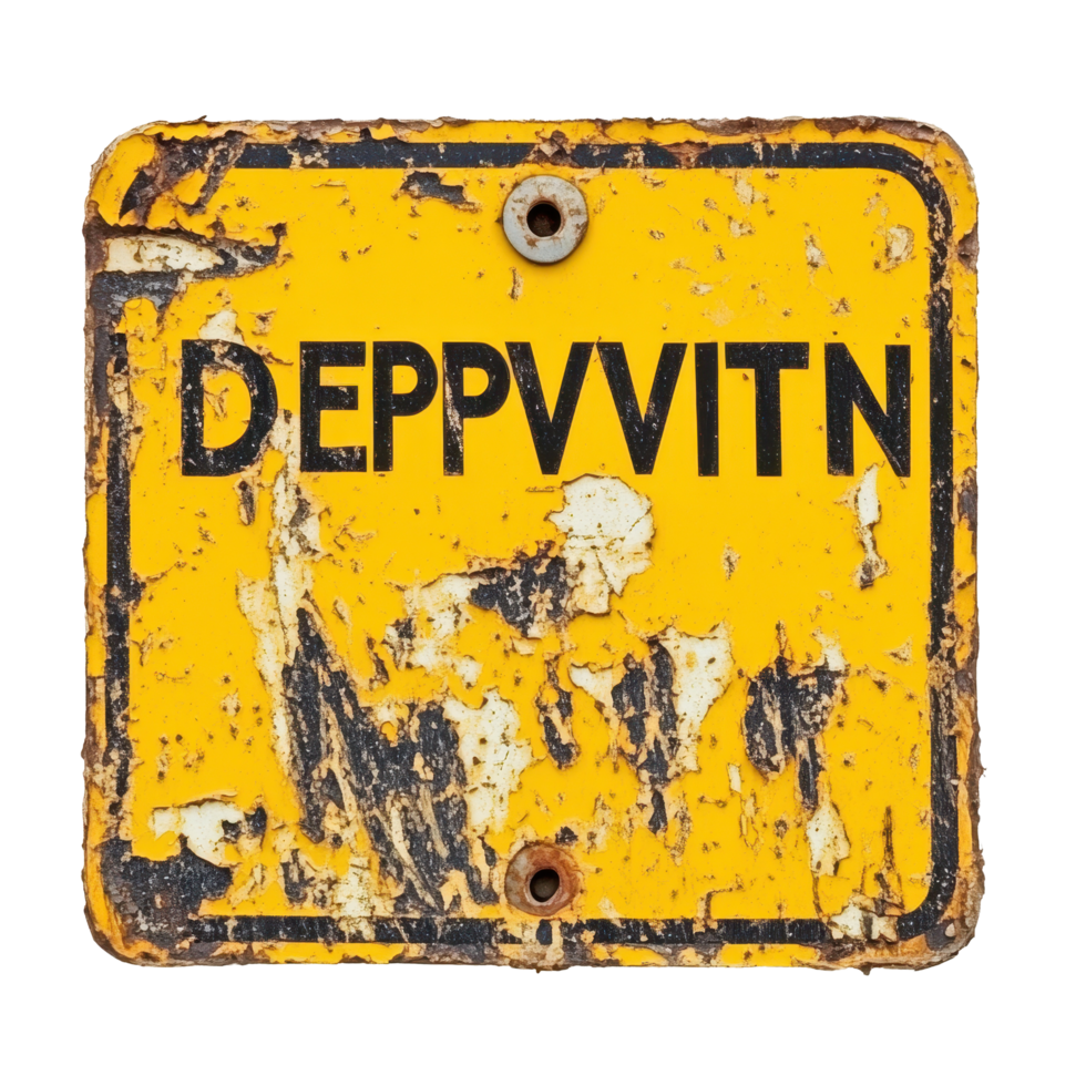Yellow warning sign displaying the word deprvatition in bold black lettering on a weathered surface, yellow sign with the word deprvatition on it, Transparent background png
