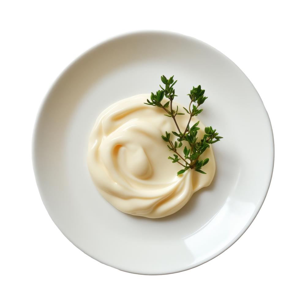 Creamy mayonnaise served on a plain white plate garnished with fresh herbs, Some white mayonnaise on the white plate, Transparent background png