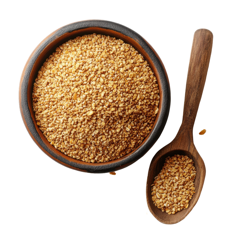 Wheat germ in a bowl with a wooden scoop on a Transparent background for healthy nutrition and cooking, Wheat germ in a bowl and scoopisolated on background png