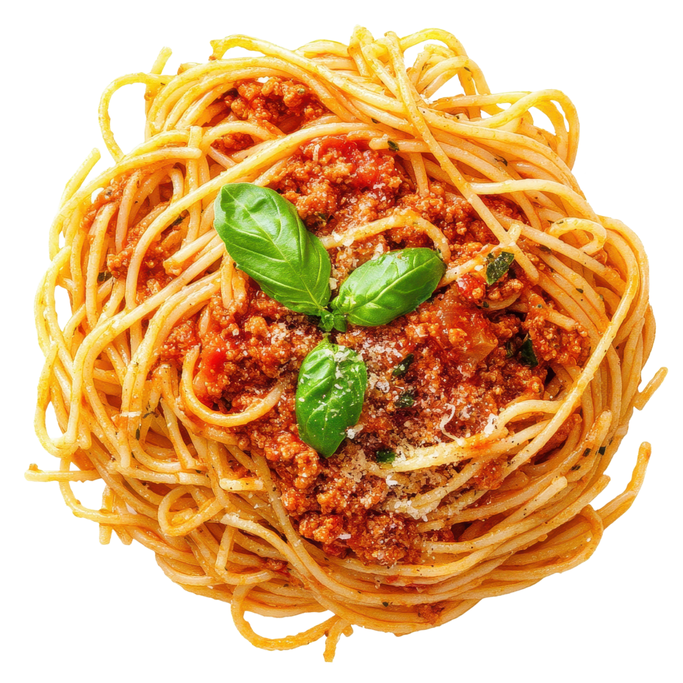 Delicious spaghetti bolognese served on a Transparent background with fresh basil and cheese, Spaghetti Bologneseisolated on background png