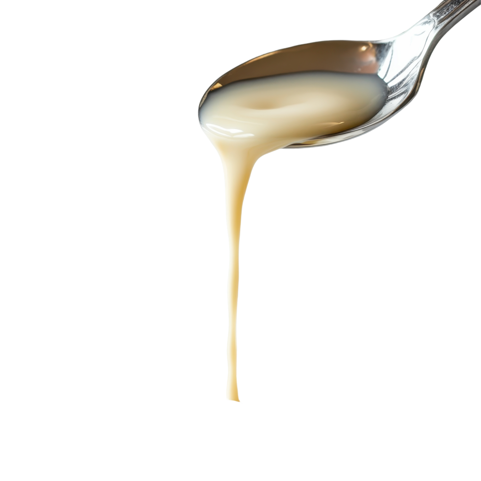 Liquid pouring from a spoon into a bowl filled with creamy substance against a simple background, spoon with liquid pouring out it in a bowl, Transparent background png