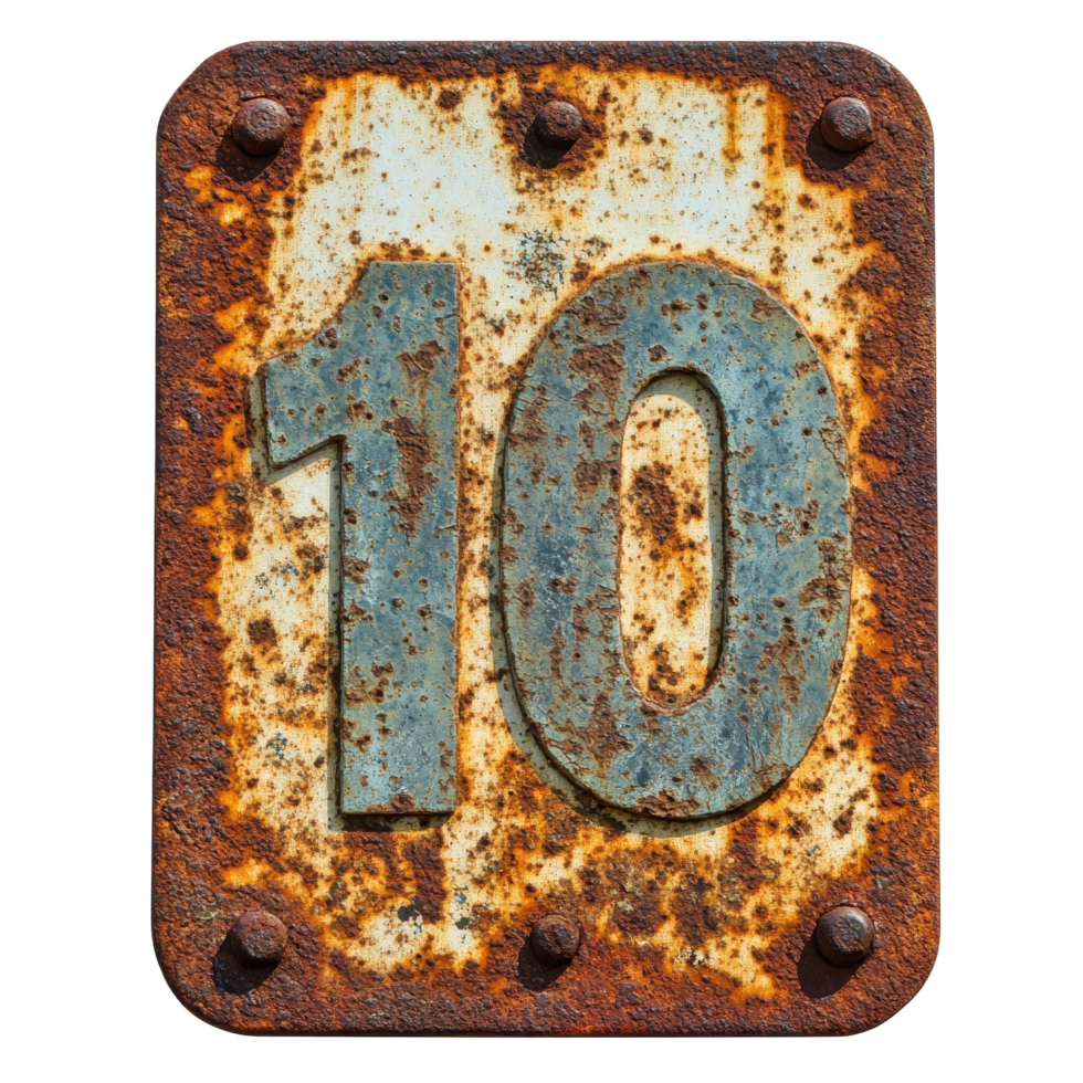 Weathered rusty sign showing the number ten against a faded Transparent background, rusty old sign with the number ten on it, background png