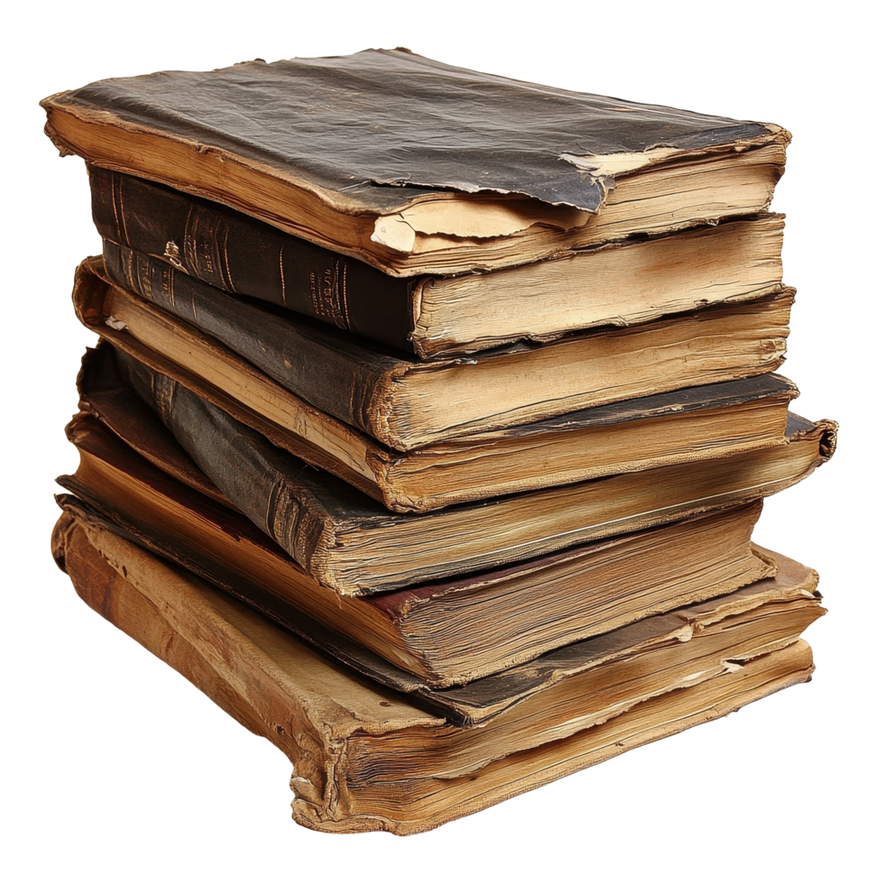 Stack of old, worn books with torn pages resting against a Transparent background, stack old books with a few pages torn off, background png