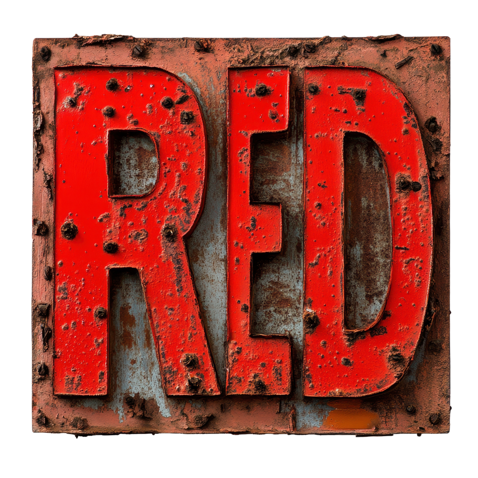 Rusty red sign displaying the word red set against a weathered background in an urban environment, rusty red sign with the word red on it, Transparent background png