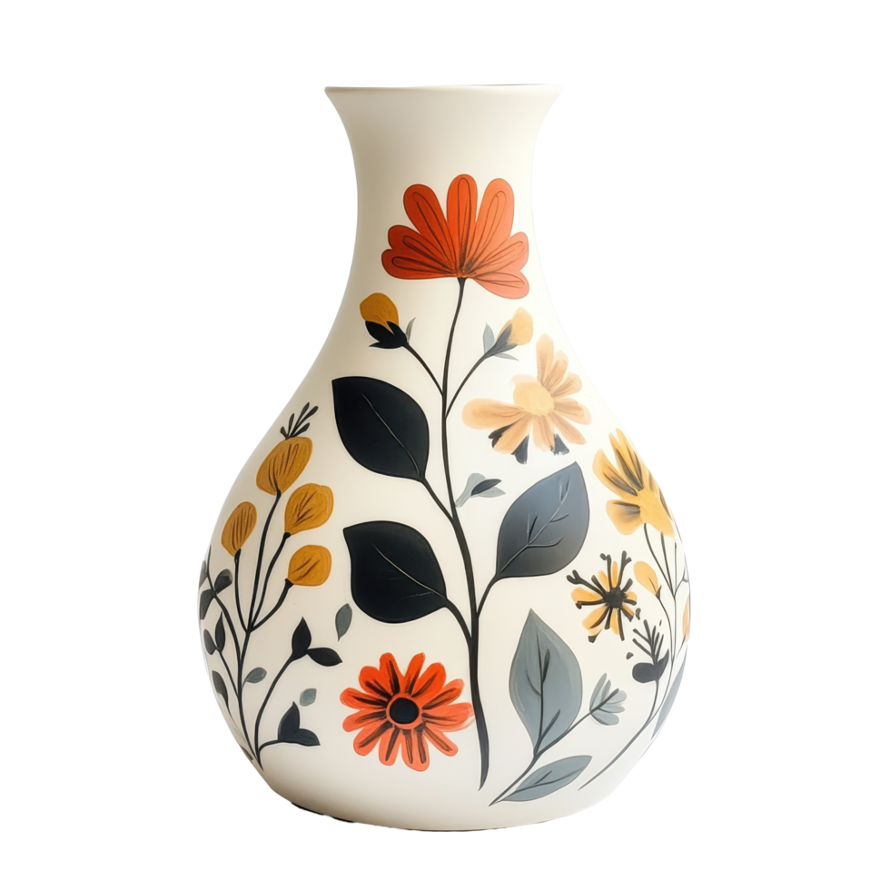 Unique floral design on a white vase with vibrant colors against a light background, white vase with a floral design on it, Transparent background png
