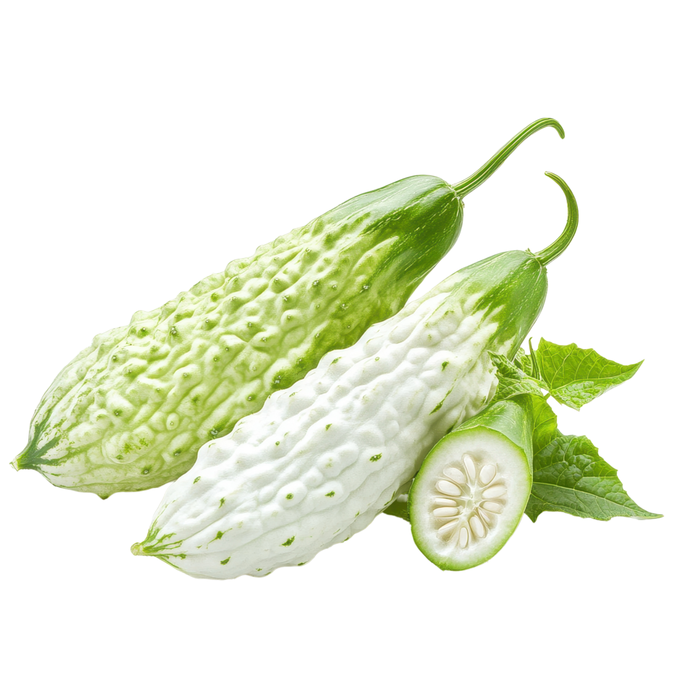 Unique white bitter cucumber variety isolated on a clean Transparent background showcasing its distinctive shape, White bitter cucumberisolated on background png