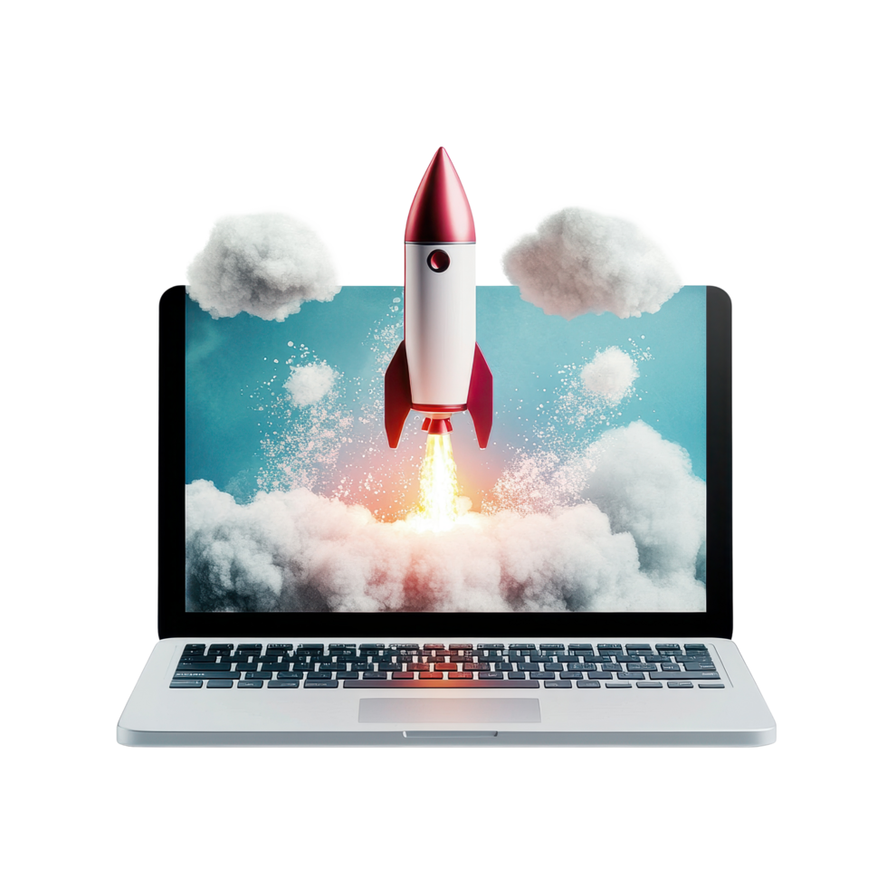 Laptop shows rocket launching against a Transparent background representing business growth and innovation, background rocket launch with laptop, business concept idea or start up success png