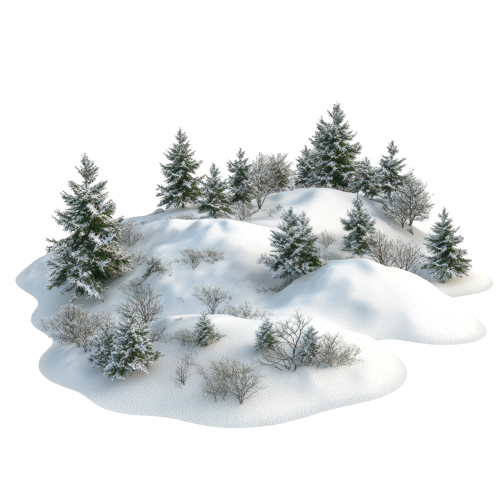 Snow-covered landscape with trees creates a serene winter retreat immersed in nature's beauty, Snow landscape isolated on Transparent background png