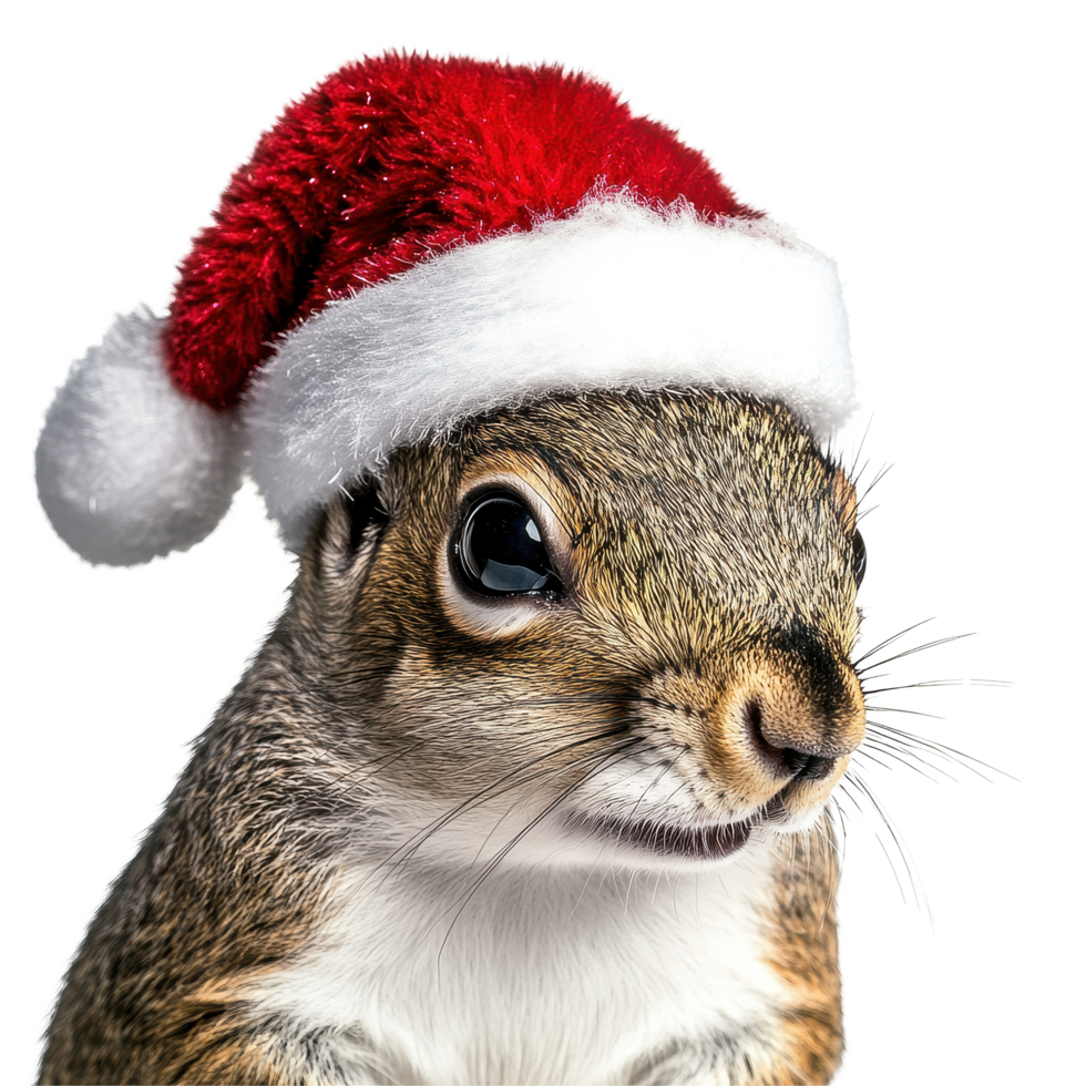 Squirrel sporting a festive Christmas hat on a bright Transparent background, Squirrel wearing a christmas hat on png