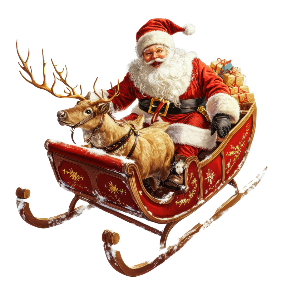 Santa Claus rides in a sleigh with reindeer through a snowy landscape celebrating Christmas, Santa Claus with Reindeer and Sleigh Christmas Theme on Transparent background, background png