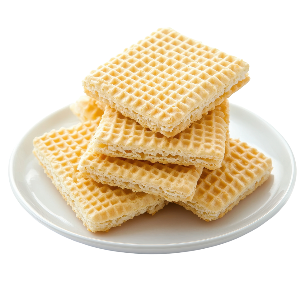 Delicate wafers arranged neatly on a white plate, emphasizing their texture and lightness, Wafers in a plateisolated on Transparent background png