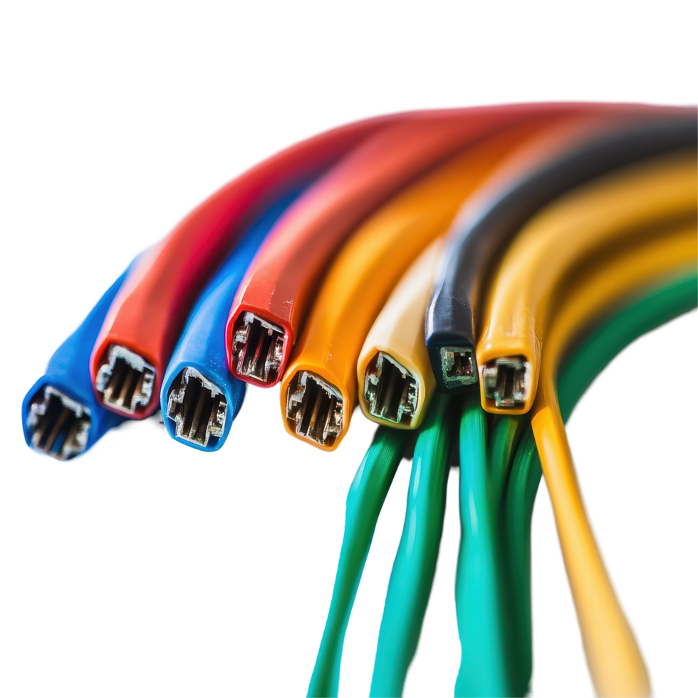Row of colored electrical wires arranged on a white surface emphasizing their vivid hues, row colored electrical wires on a white surface, Transparent background png